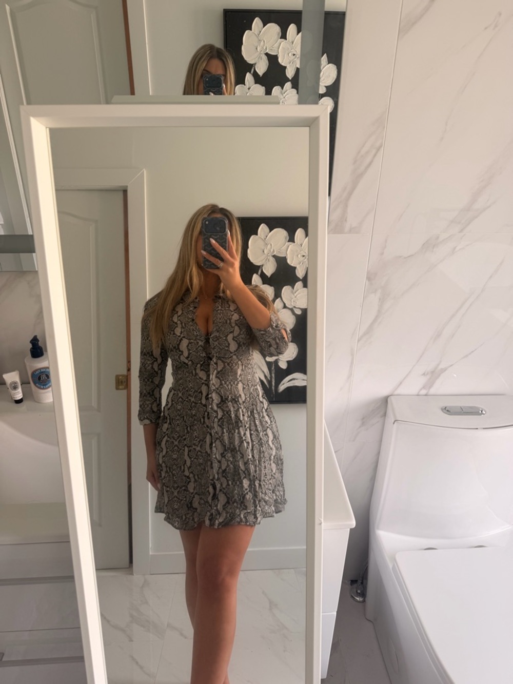 Zara Snake Print Long Sleeve Mini Dress in Black and Cream